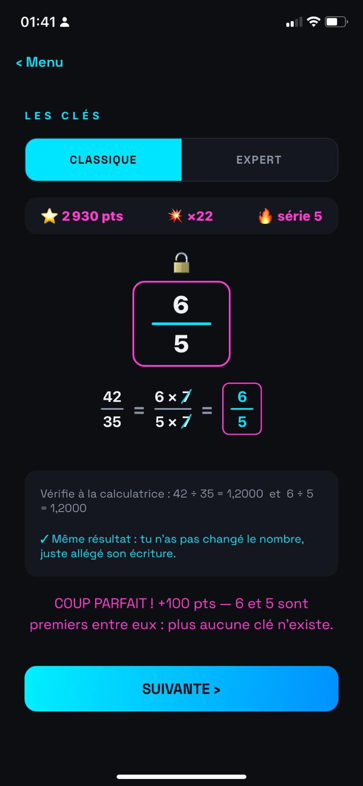 Simplification d'une fraction avec facteur barré et résultat encadré