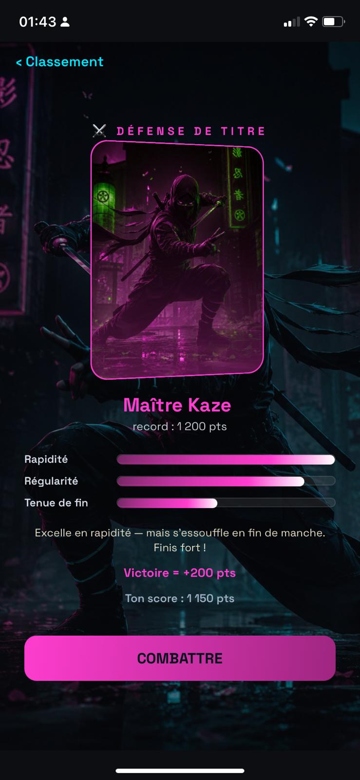La fiche de combattant d'un adversaire