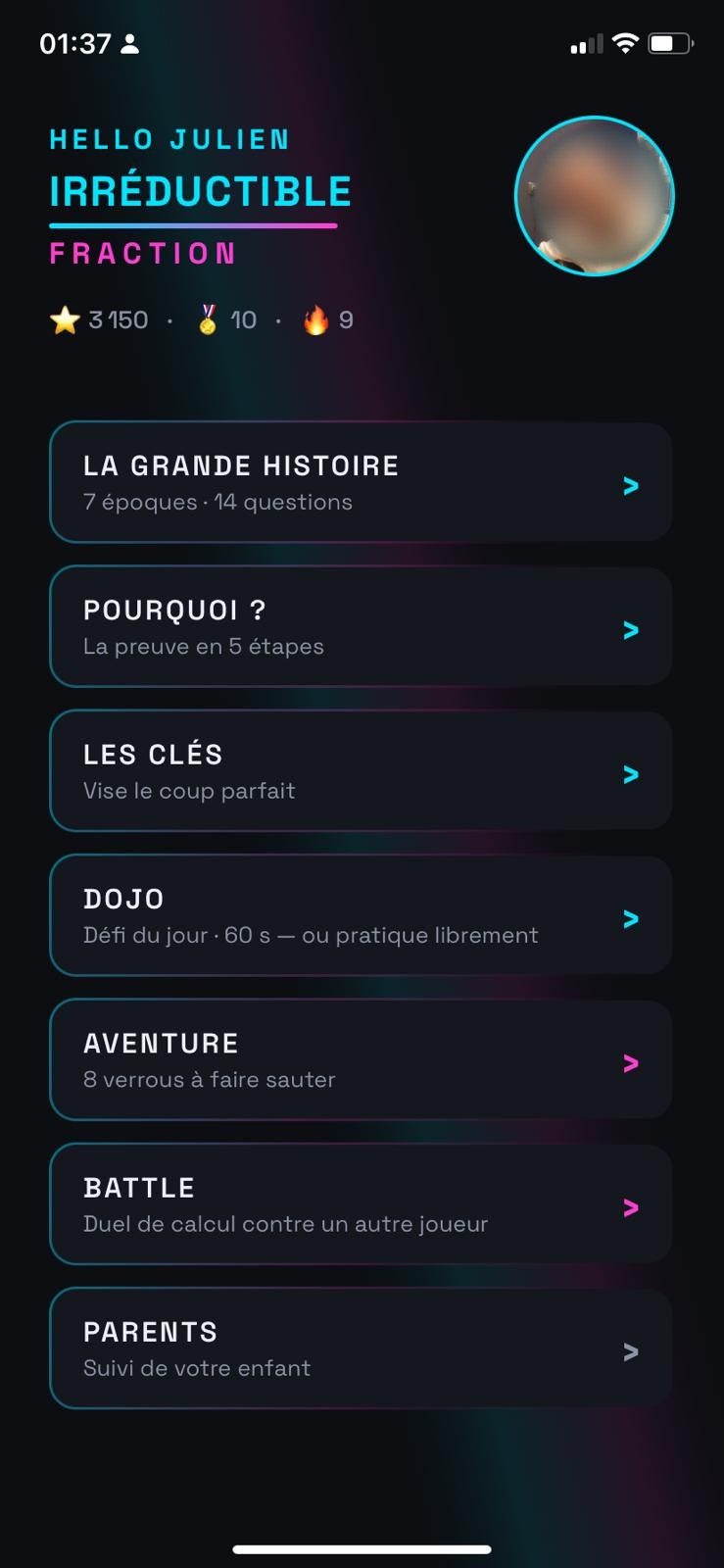 Écran d'accueil d'Irréductible Fraction